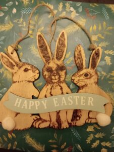 Easter bunnies burnt onto wood using pyrography method 